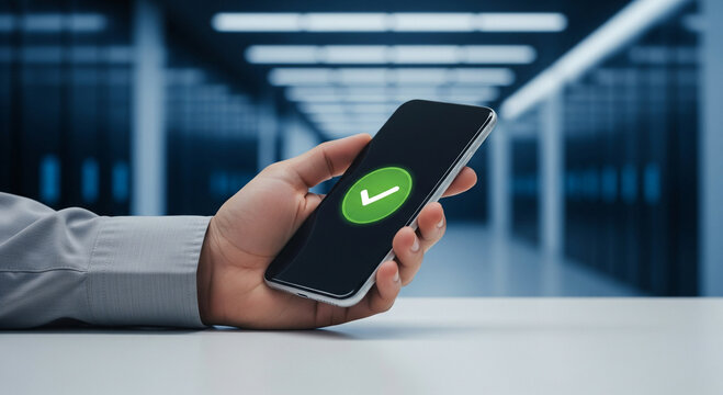 Secure mobile verification with green checkmark on smartphone screen, hand holding phone in data center, digital authentication and cybersecurity