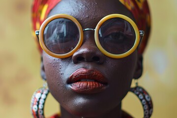 Close up of a fashion model wearing yellow sunglasses, red lipstick, and a headscarf
