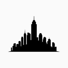 Obraz premium Modern city skyline silhouette illustration with diverse urban buildings and a towering skyscraper, isolated on white.