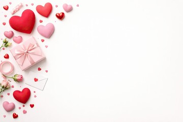 A gentle holiday Valentine's frame with hearts, roses, romantic messages with copy space. Valentine's Day or wedding. Congratulations card