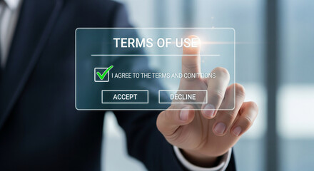Businessman accepts digital terms of service agreement on a futuristic interface