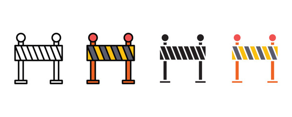Road construction barriers with warning light icon set vector on white background. safety, caution, signs, road, blockage, traffic, cone icon. vector illustration.