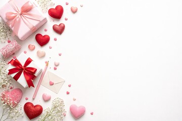 Congratulations card with A gentle holiday Valentine's frame with hearts, flowers, envelope romantic messages with copy space. Valentine's Day or wedding.