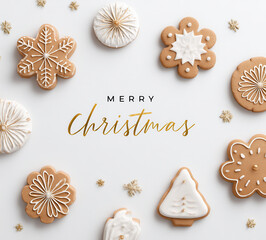 Decorative cookies arranged on a white surface with Christmas text in the center for holiday celebrations and baking activities