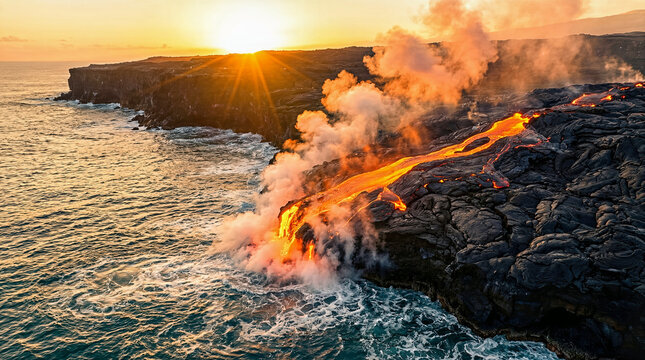 Lava Flow Entering Ocean at Sunset During Volcanic Eruption