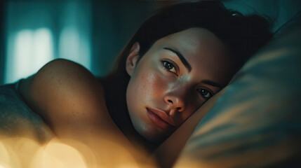 Woman resting on a bed while looking at the camera in a dimly lit room at night