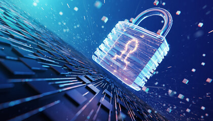Digital Fortress: A luminescent padlock shines protectively, floating above a digital grid. The key symbol glows within, representing a secure network.