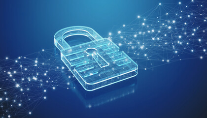 Digital Fortress: A glowing lock symbol, representing security and protection, floats amidst a network of interconnected data points, evoking a sense of cyber safety and safeguarding.