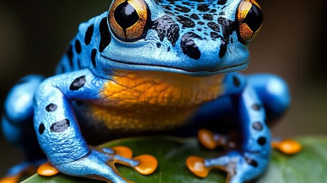 selective focus poison dart frog perched on vibrant green leaf