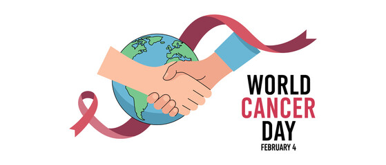 World Cancer Day February 4 Global Support Handshake With Awareness Ribbon