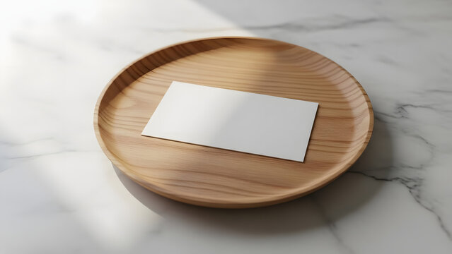 Blank white business card mockup on a minimalist wooden tray set against a white marble background with natural light - Powered by Adobe