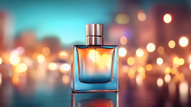 A closeup of a perfume bottle with a gradient background. The bottle is rectangular with a metallic cap and a transparent body. The liquid inside the bottle is a light blue color.