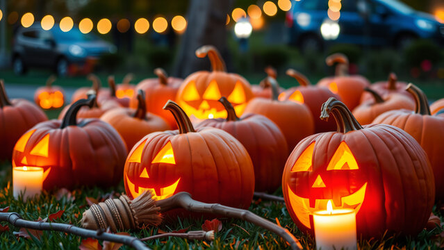 Leuchtende Halloween-K&uuml;rbisse auf einer Wiese bei Nacht mit festlicher Beleuchtung im Hintergrund