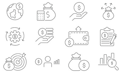 Budget Editable Line Icons Set. money management, cash flow, savings, spending, income, vector illustration
