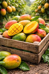mangoes in wooden crates