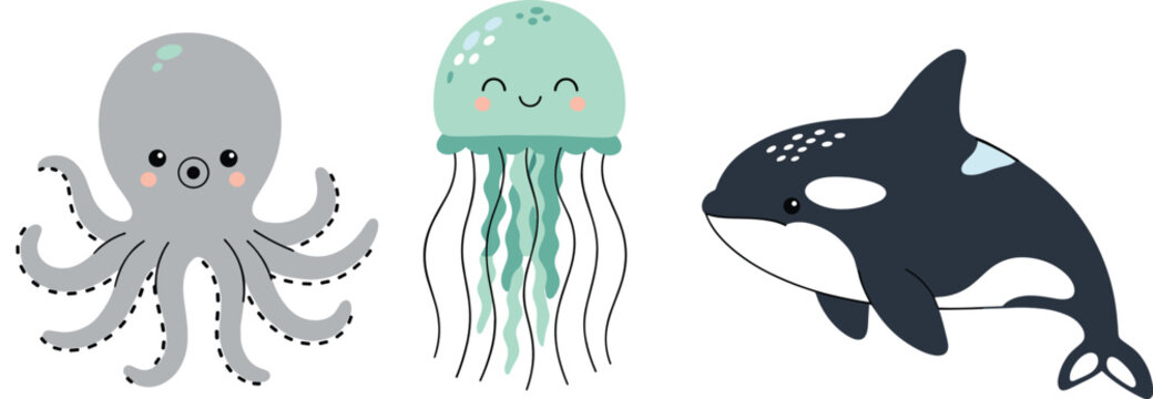Cute sea animal characters set with octopus jellyfish and orca cartoon ocean vector illustration