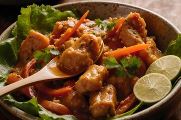 A close up of a bowl of food with a spoon