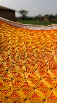 Detailed Phulkari embroidery texture in rural India.