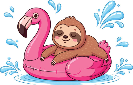 Cute sloth relaxing on flamingo float summer pool party cartoon animal vector illustration