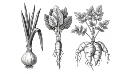 A detailed illustration of onion, parsnip, and turnip