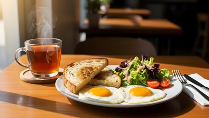 A plate of eggs, toast, and salad with a cup of tea on a wooden table indoors.
