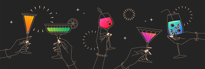 Line art hands with fluorescent holographic cocktails and firework. Cocktail party. Celebration toast with cocktail glasses. Flat design. Vector illustration