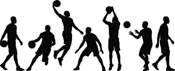 Basketball Player Silhouettes Set with Professional Athletes Dribbling Jumping Shooting and Dunking Vector Illustration Isolated on White Background for Sports © Poritash