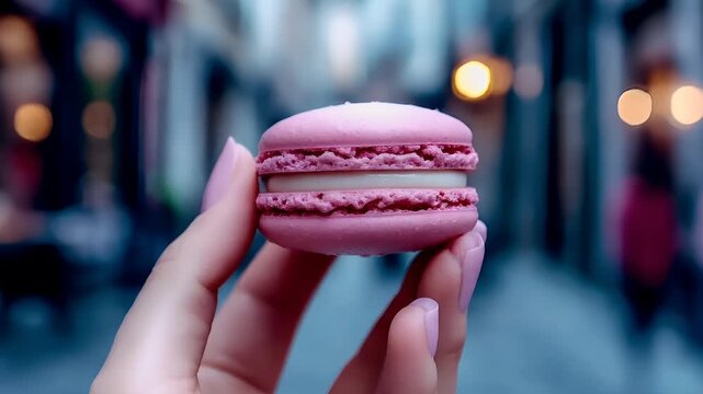 Paris, France, Europe. A hand holding a pink macaron against a blurred urban backdrop.