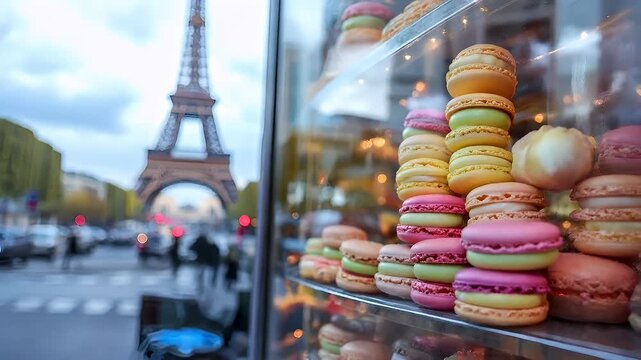 Paris, France, Europe. A closeup shot of a window display of colorful macarons, with the Eiffel Tower in the background.