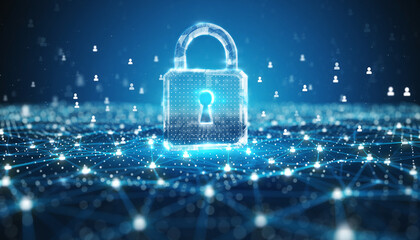 Digital Fortress: A radiant, futuristic padlock symbolizes data protection, security, and the crucial shielding of information in the digital age. This visual captures the essence of a secure network.