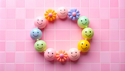 Colorful Smiley Bead Circle Decoration With Flower Accents For Kids Party Or Craft Mood.