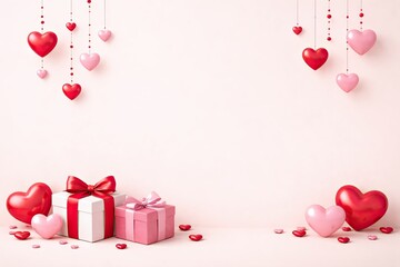 A festive Valentine Day sale scene featuring heart-shaped decorations, wrapped gifts arranged on a soft pink background with promotional text
