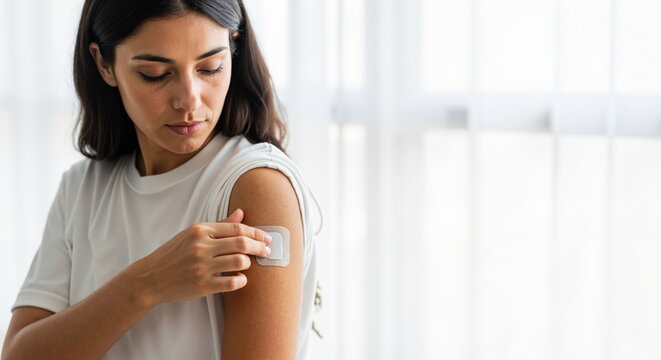 A young woman applies a transdermal medical patch to her upper arm. Healthcare, self-care, and modern treatment concept. Copy space for text