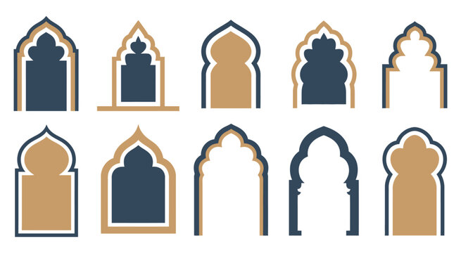 Islamic and Moroccan Arch Designs, detailed arch shapes with geometric and floral motifs for cultural illustration, architectural decoration, ornamental backgrounds, and traditional vector art.