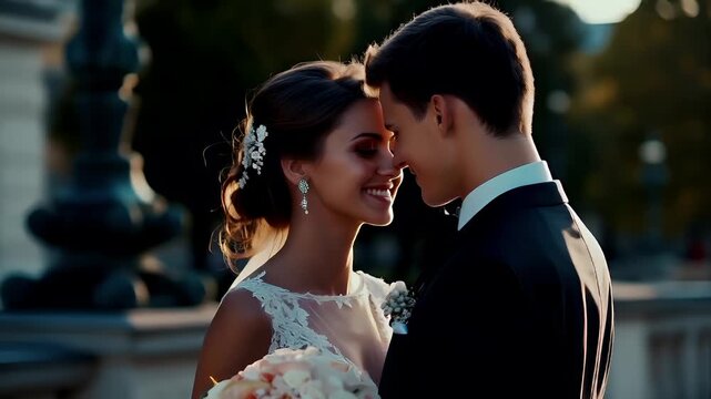 Paris, France, Europe. A bride and groom share a tender moment during their wedding day. The brides hair is adorned with a floral accessory.