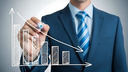 Businessman in a sharp blue suit drawing a downward trending bar chart and arrow indicating financial decline or poor economic performance.