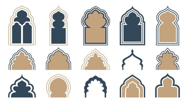 Islamic and Moroccan Arch Designs, elegant arch shapes featuring detailed motifs for architectural concepts, cultural illustration, ornamental backgrounds, and classic Islamic vector art.