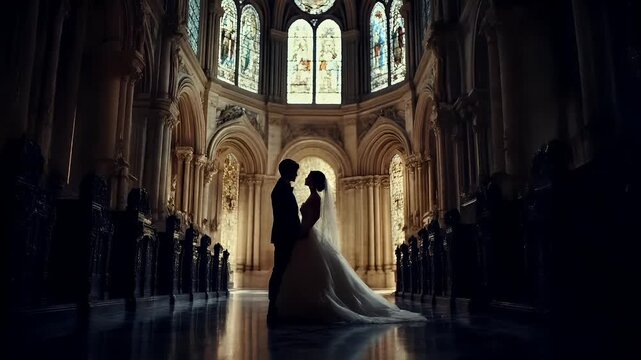 Paris, France, Europe. A silhouette of a bride and groom in a church, with the brides dress flowing and the grooms suit standing upright. The churchs architecture is grand.