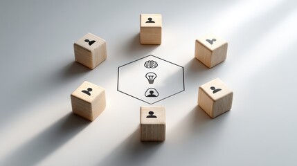 Wooden blocks and a hexagon with icons representing teamwork and ideas