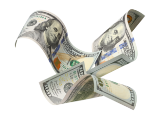 Flying hundred dollar banknotes shaped like bird symbolizing financial freedom and growth, isolated on transparent cutout background