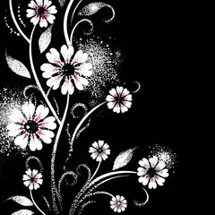 Floral design with white flowers and leaves on black background  