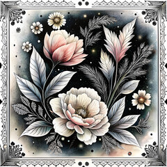 Floral illustration of peonies and daisies on dark background  