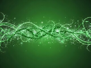 Glowing green dna double helix structure with particles and light effects