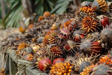 Obraz premium Freshly harvested palm oil fruits are drying in a wooden container, showcasing sustainable agriculture and renewable resources
