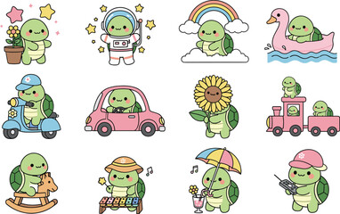 Obraz premium Cute turtle character set in different activities costumes and scenes kawaii cartoon vector illustration