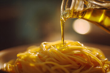 Savory spaghetti topped with fresh basil and drizzled with olive oil