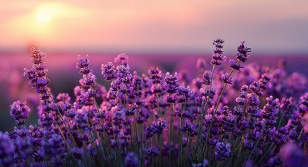 Naklejka premium Lavender field with vibrant purple flowers at sunset creating a calm natural landscape background with soft light and shallow depth, ideal for nature design, wellness branding, seasonal backgrounds
