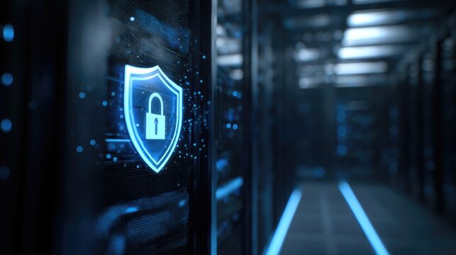 Secure IT data center server room with digital shield and lock icon, cybersecurity protection concept for cloud infrastructure and network defense, ideal for IT security visuals