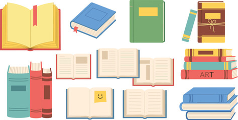 Books and Notebooks Collection with Open Pages, Stacked Volumes, Journals, 
and Study Materials Flat Vector Illustration for Education and Learning Designs