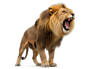 Majestic Male Lion Walking, Isolated on White Background. Powerful African Big Cat, Front View Portrait for Wildlife, Strength, and Leadership Concepts.